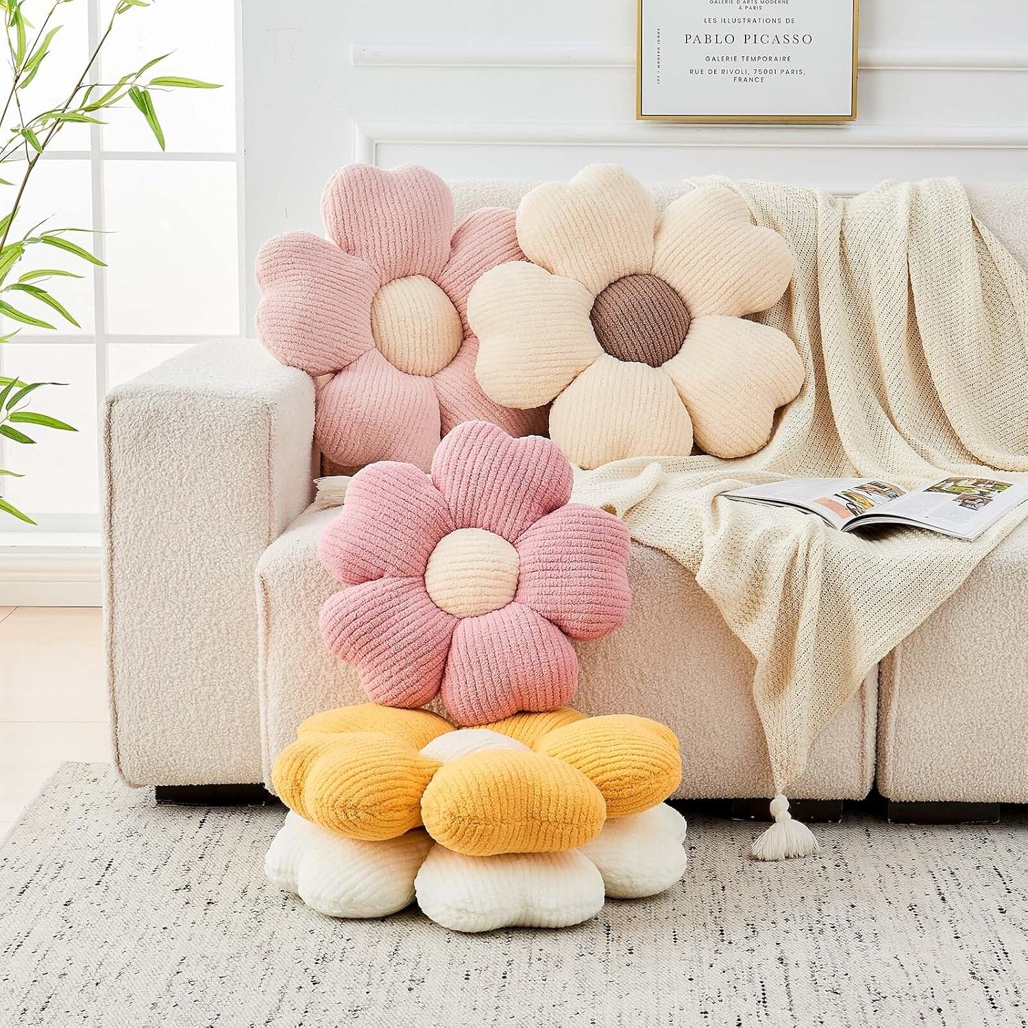 Flower Throw Pillow, Cute Flower Shaped Pillow Decorative Throw Pillow for Bed Couch, Soft Daisy Pillows Floor Seating Cushion Cushions (14.9 Inch Ivory+Brown) — image 4