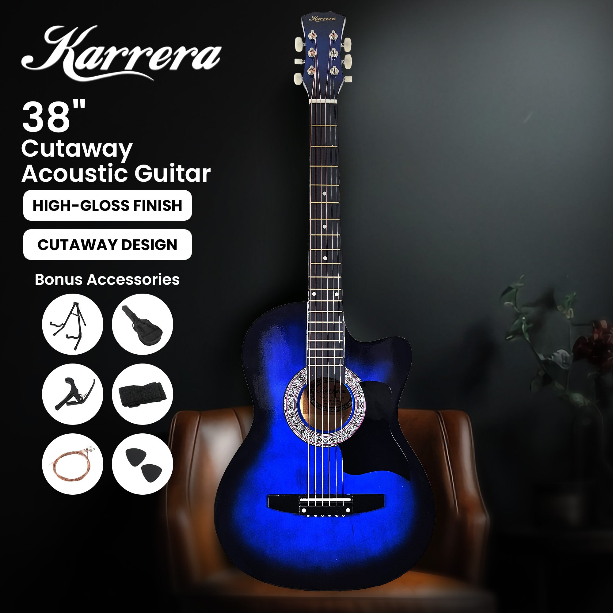 Karrera 38in Pro Cutaway Acoustic Guitar with Bag Strings - Blue Burst โ image 3
