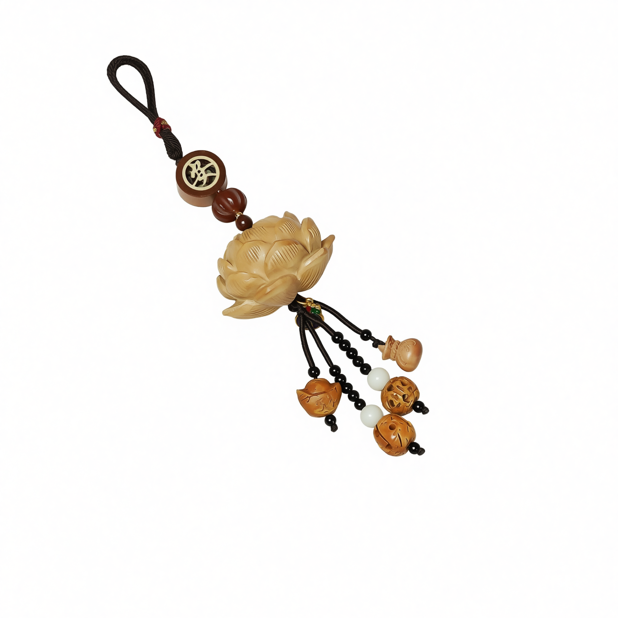 Tang Diao Car Ornament Wood Lotus Pendant 【boxwood lotus】double tassel [car hanging + exquisite gift box]