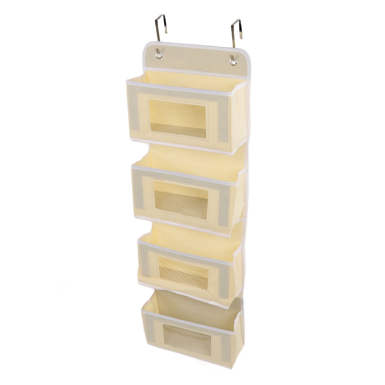 Hanging Closet Organizer Multilayer Strong Load Bearing Capacity Nonwoven Over Door Organizer Hanging Organizer with 2 Hooks Khaki 4 Compartments — image 4