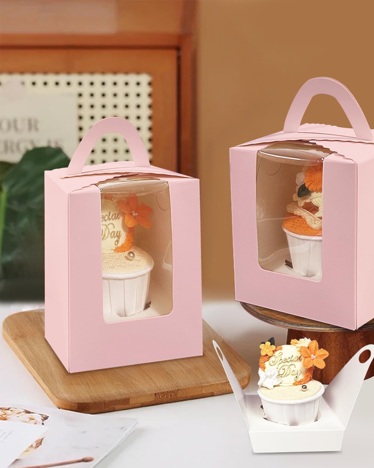 Auto-pop up Individual Cupcake Boxes with Window 25 Count Pink Single Cupcakes Box 3.7 x 4.3inch Cupcake Carrier — image 6