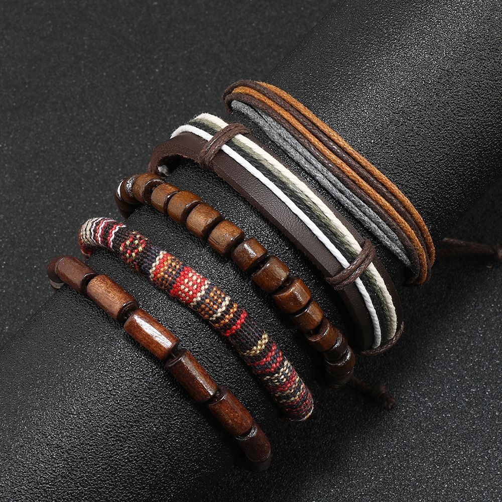 5PCS Men Women, Hemp Cords Wood Beads Ethnic Tribal Bracelets, Leather Wristbands-Wood Beaded Ethnic Tribal Cord Bracelet Hemp