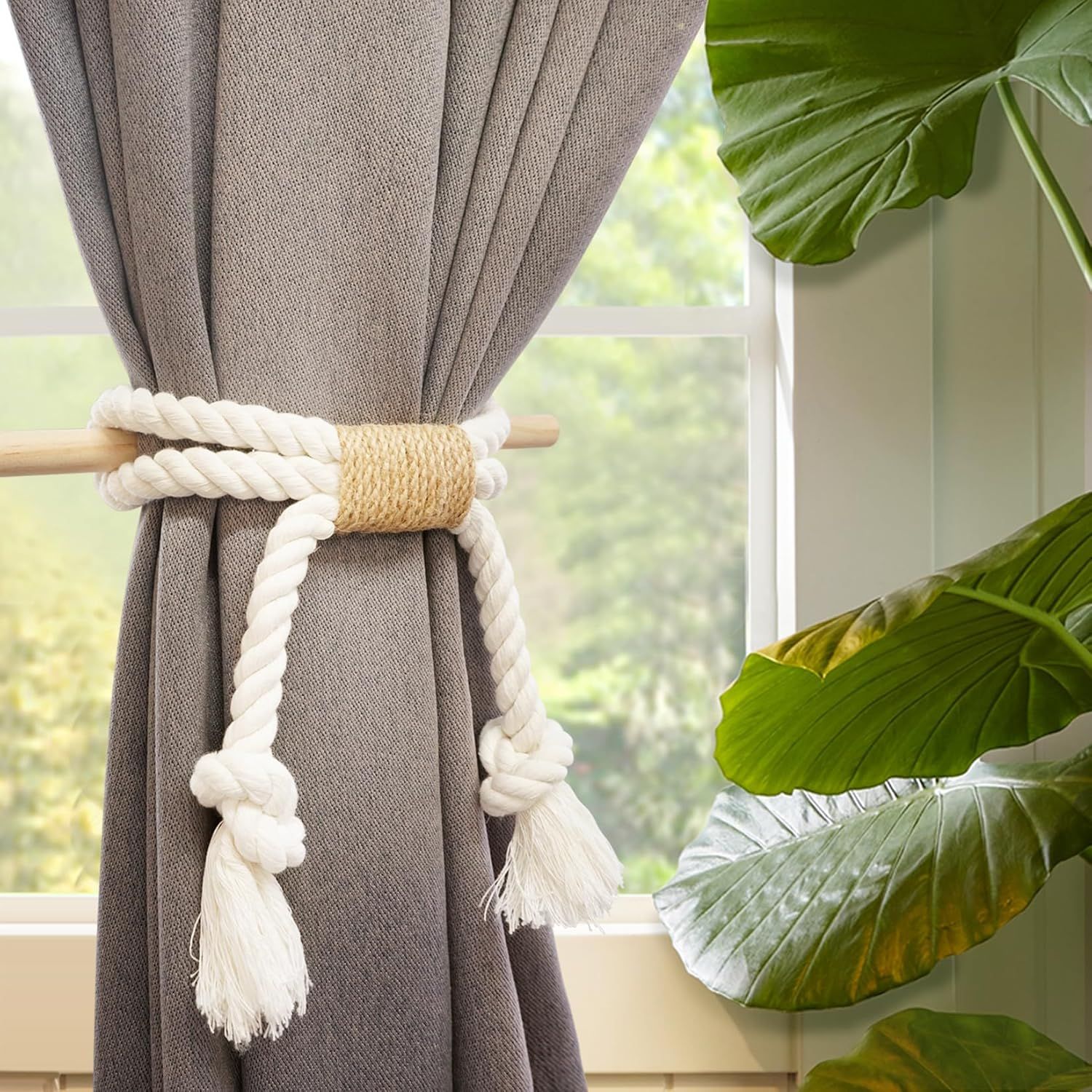 Curtain Tiebacks Rustic Holdbacks for Drapes, Farmhouse Tie Backs for Curtains, Cotton Jute Rope with Wood Club, Natural Boho Decor Shabby Chic Drapery — image 3