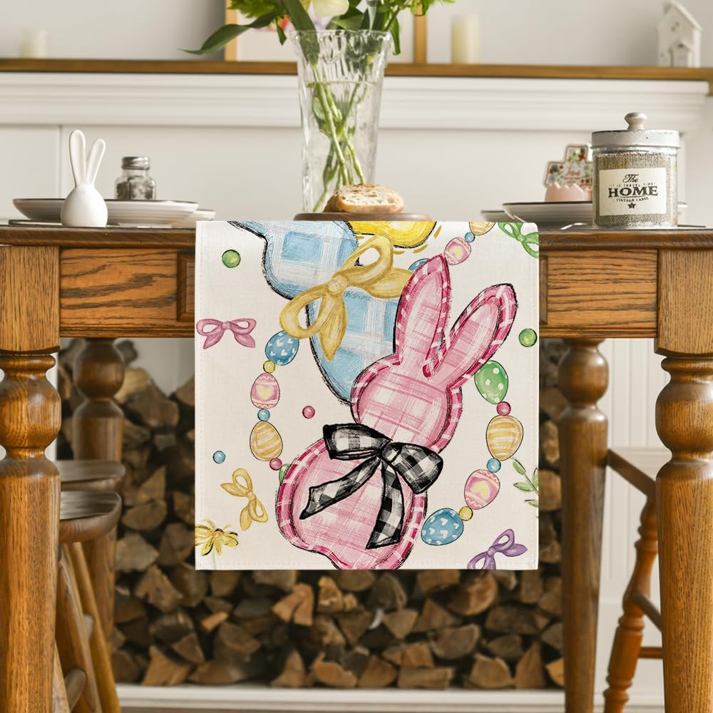 Floral Bow Bunny Rabbits Eggs Easter Table Runner, Seasonal Spring Kitchen Dining Table Decoration for Home Party Decor 13x72 Inch โ image 2