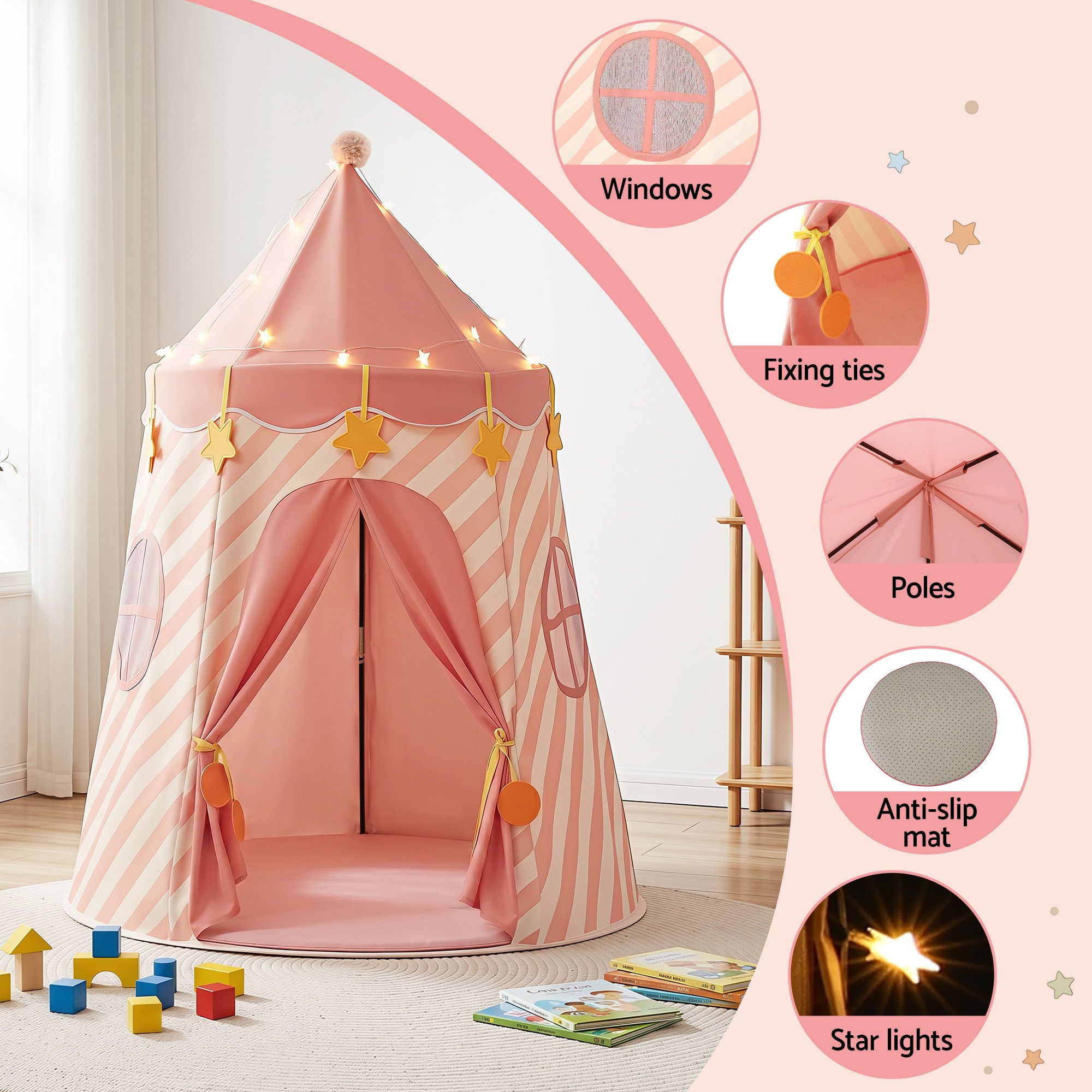Keezi Kids Play Tent with Star Lights and Window Carry Bag 116cmx153cm Playhouse — image 5