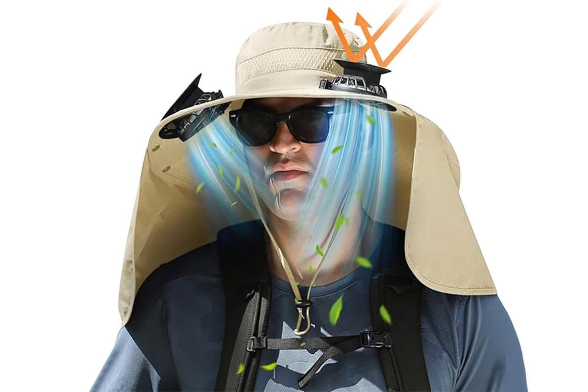 Outdoor Wide Brim Sun Hat With 2 Solar Fans Fishing And Beach Hat With Built In Fan -Khaki — image 3