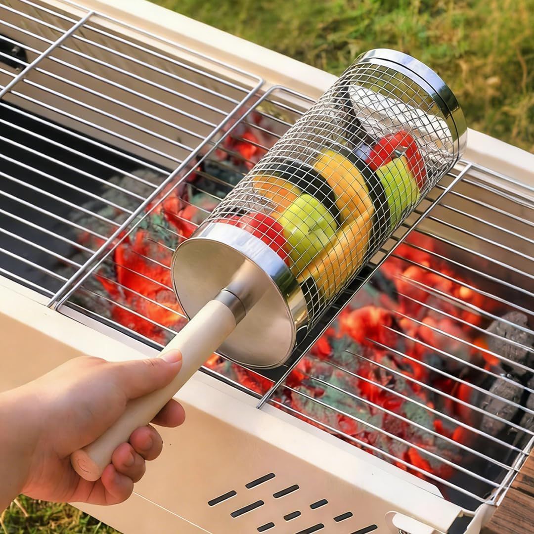 304 Stainless Steel Rolling Grill Basket Set with Removable Handle for Vegetables, Shrimp and Outdoor BBQ, Nesting Design, Silver — image 6