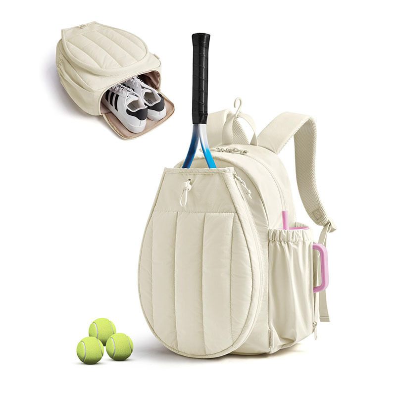 Beige Tennis Backpack with Shoe Compartment - Pickleball & Badminton Racket Bag, Padded Sports Backpack with Multiple Pockets for Outdoor Training and Travel
