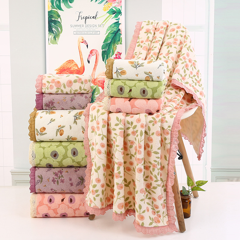 Pink Vintage Floral Lace Trim Towel Set - Ultra Soft Absorbent Coral Fleece Bath & Face Towel — image 3