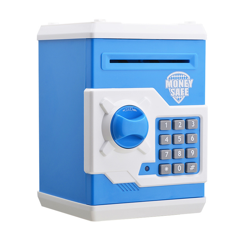 Blue and White Electronic Password Piggy Bank — An ATM-style automatic money-rolling safe featuring a digital keypad lock, 4-digit password security, and a