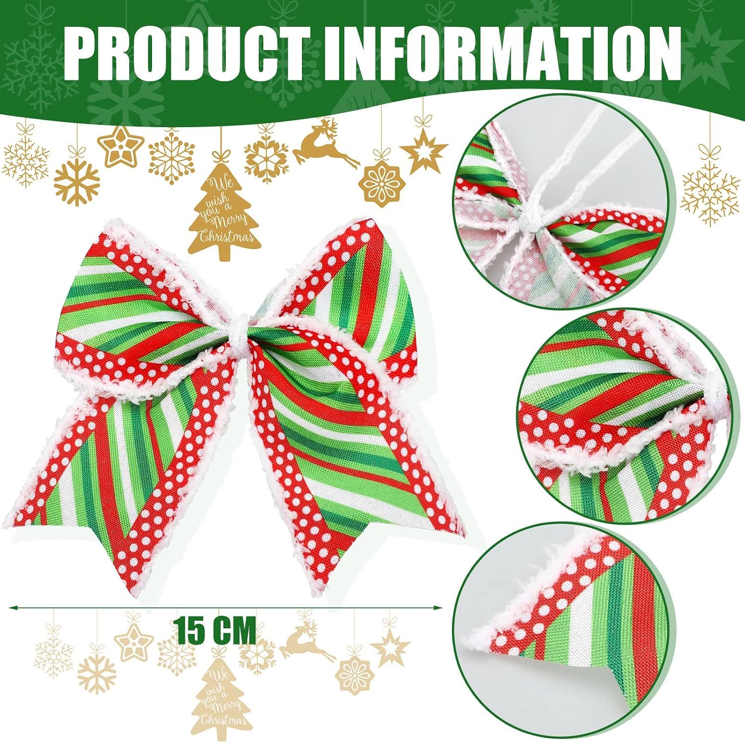 12 Pcs Red Green Christmas Bows Decoration 6 Inch Large Christmas Wreaths Bows Xmas Tree Dot Ribbons Ornaments for Garland Wedding Party(Red and Green,Stripe โ image 2