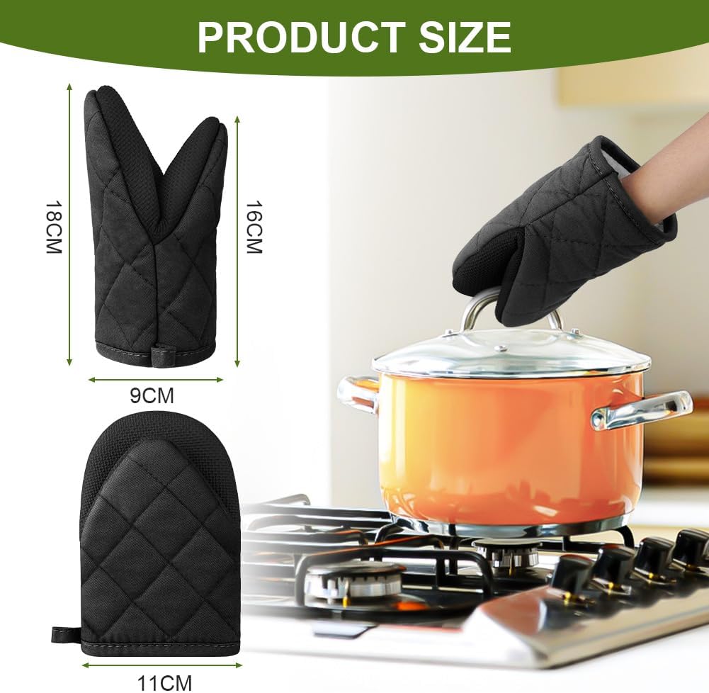1 pair of short oven mitts made of neoprene cotton - black - with non-slip surface and hanging loop - suitable for cooking, baking and grilling — image 2