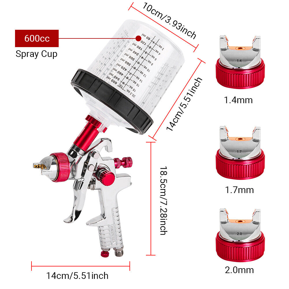 Air HVLP Spray Gun Paint Gun 600CC Gravity Feed Cup 1.4mm 1.7mm 2mm Tip AU Stock โ image 2