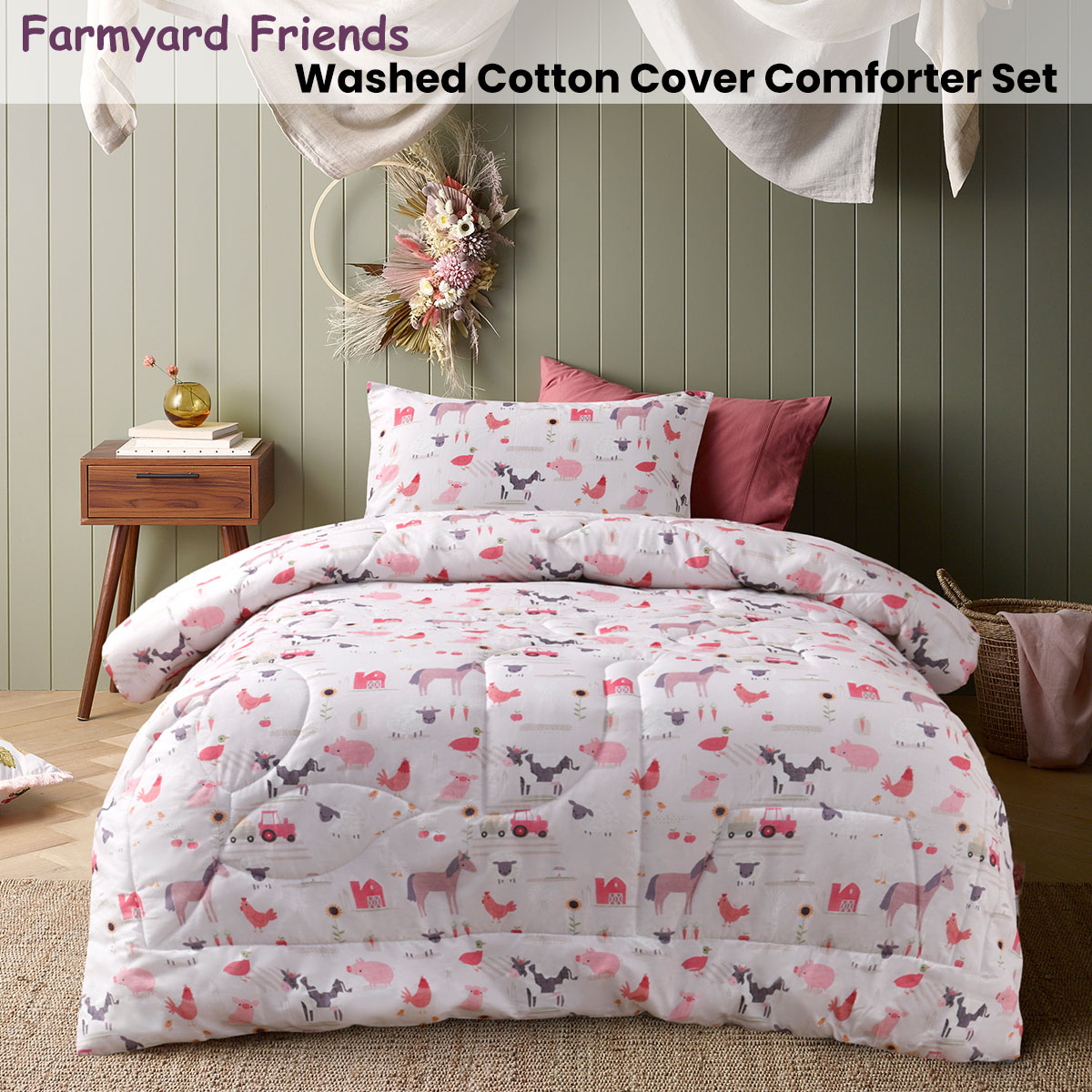 Happy Kids Farmyard Friends 2 Piece Washed Cotton Cover Comforter Set Single 160cm x 220cm — image 2