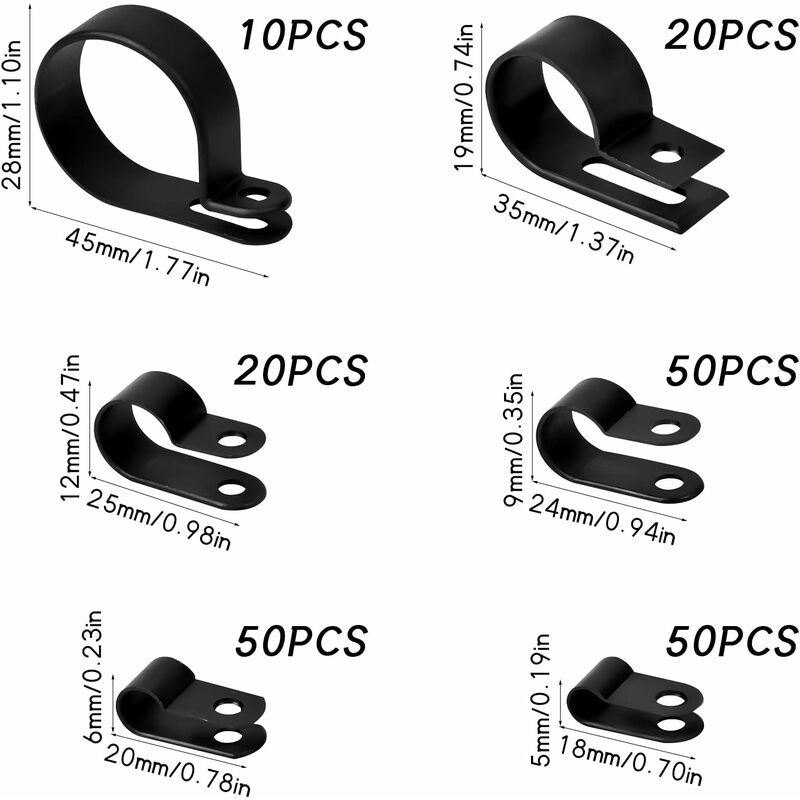 200 pcs Nylon Plastic R Clips Tube Clamps, 6 Sizes 3/16'' 1/4'' 3/8'' 1/2'' 3/4'' 11/8'' Fasteners For Conduit, Cable — image 2