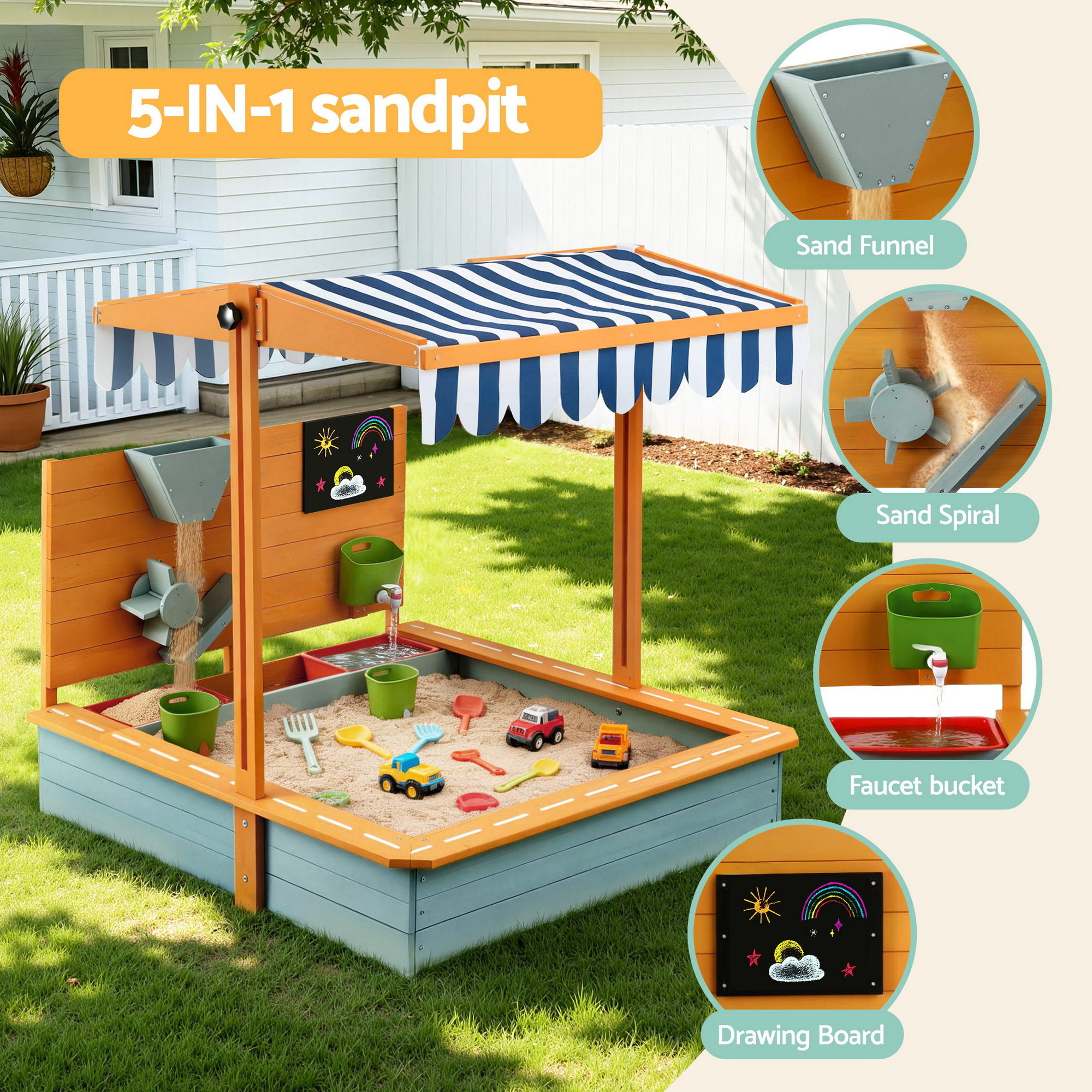 Keezi Kids Sandpit Wooden Canopy Sandbox With Cover Funnel Outdoor Toys 110cm Green — image 5