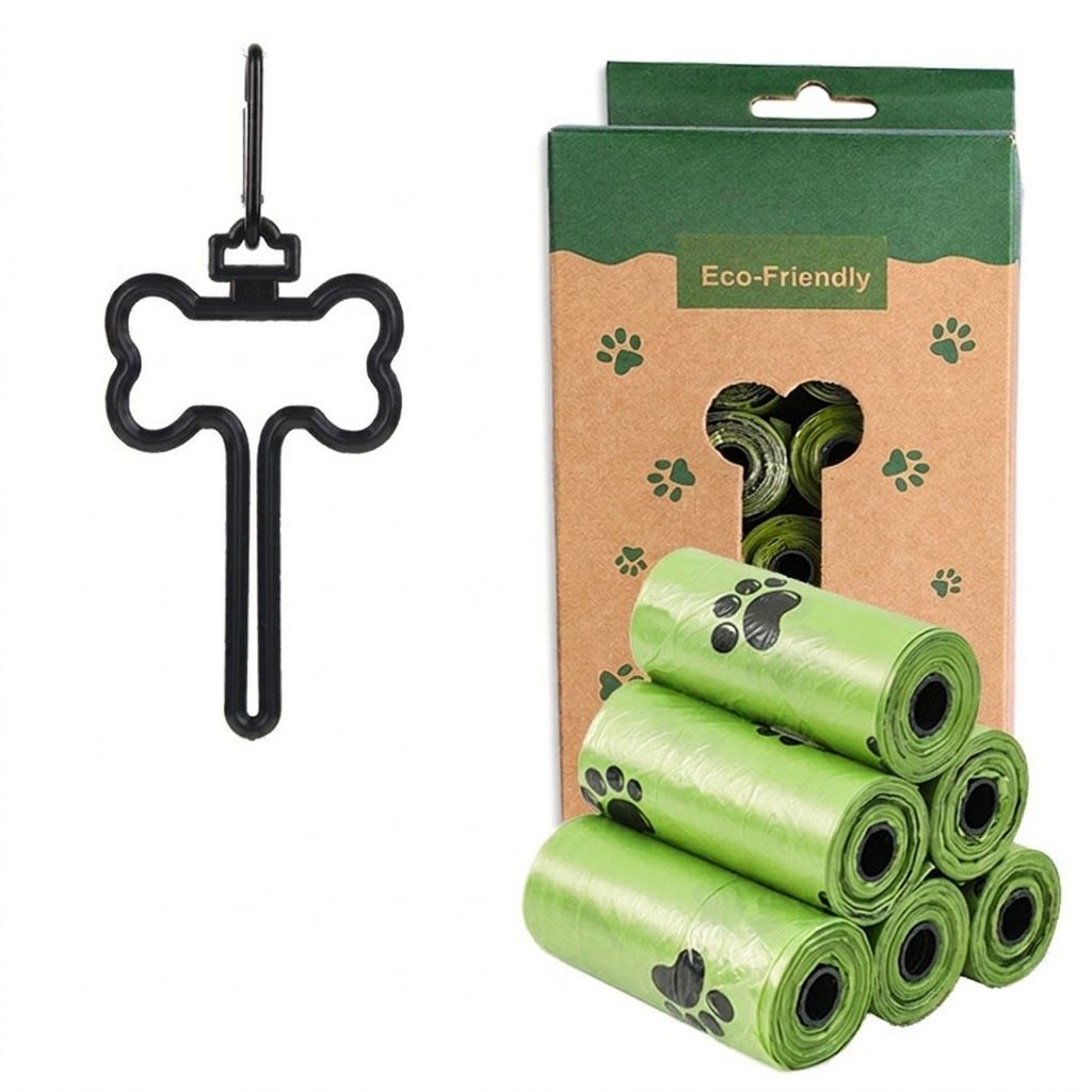 Eco-Friendly Pet Waste Bag Set with Bone-Shaped Carrier Hook and D-Ring Clip – Thick Leak-Proof Poop Bags for Outdoor Dog Walks, Hands-Free Convenience with
