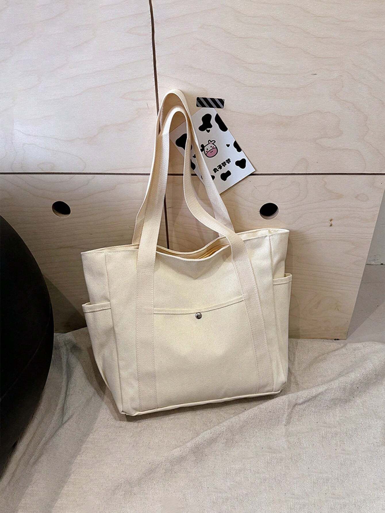 1Pcs Multi-Pocket Canvas Tote Bag – Large Capacity, Reusable, for Daily Use, Travel, Beach Bag, Office Tote Beige — image 3