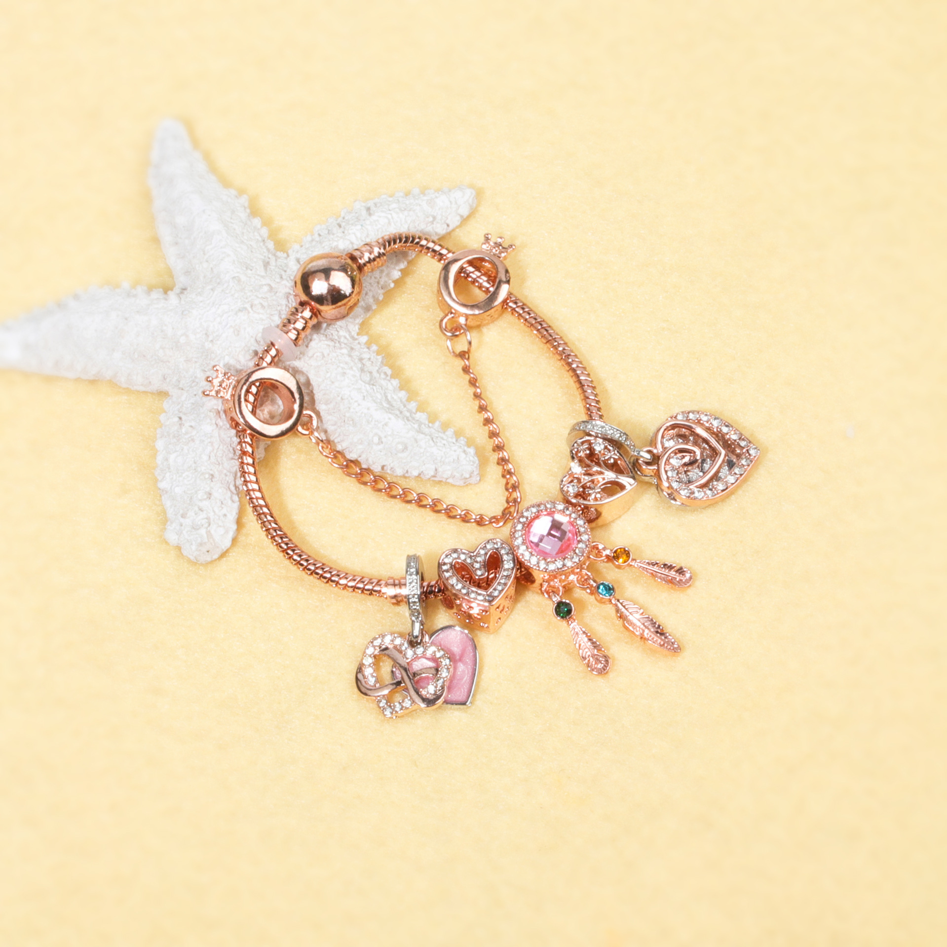 Rose Gold Bracelet with Pink Heart Charms & Crystal Rhinestones(17cm) — image 3