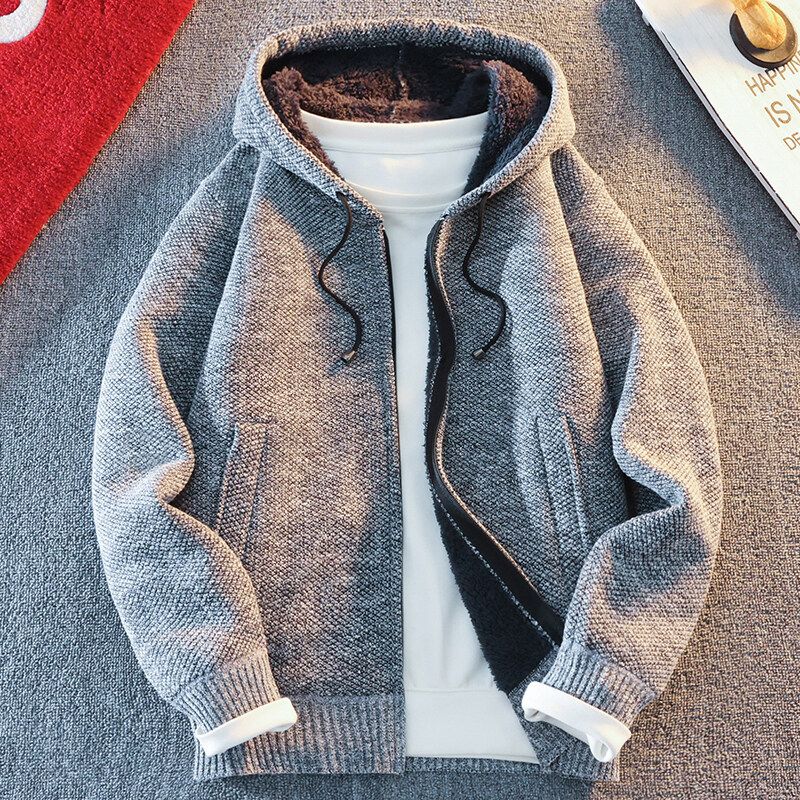 Men Hooded Thick Knitwear Loose Long Sleeve Burgundy — image 2