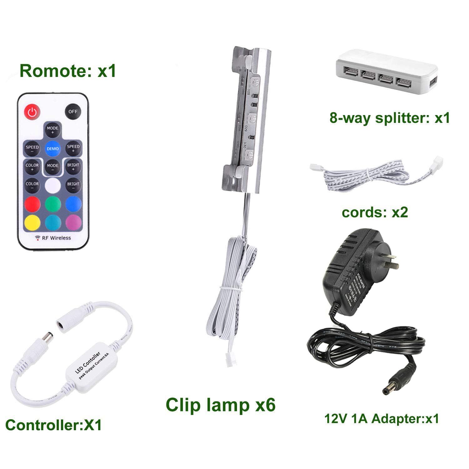 LED Under Cabinet Night Lights Kit for Glass Edge Shelf Back Side Lighting Using Flexible Cable and Clip with RF Remote(6 Lights RGB) — image 5