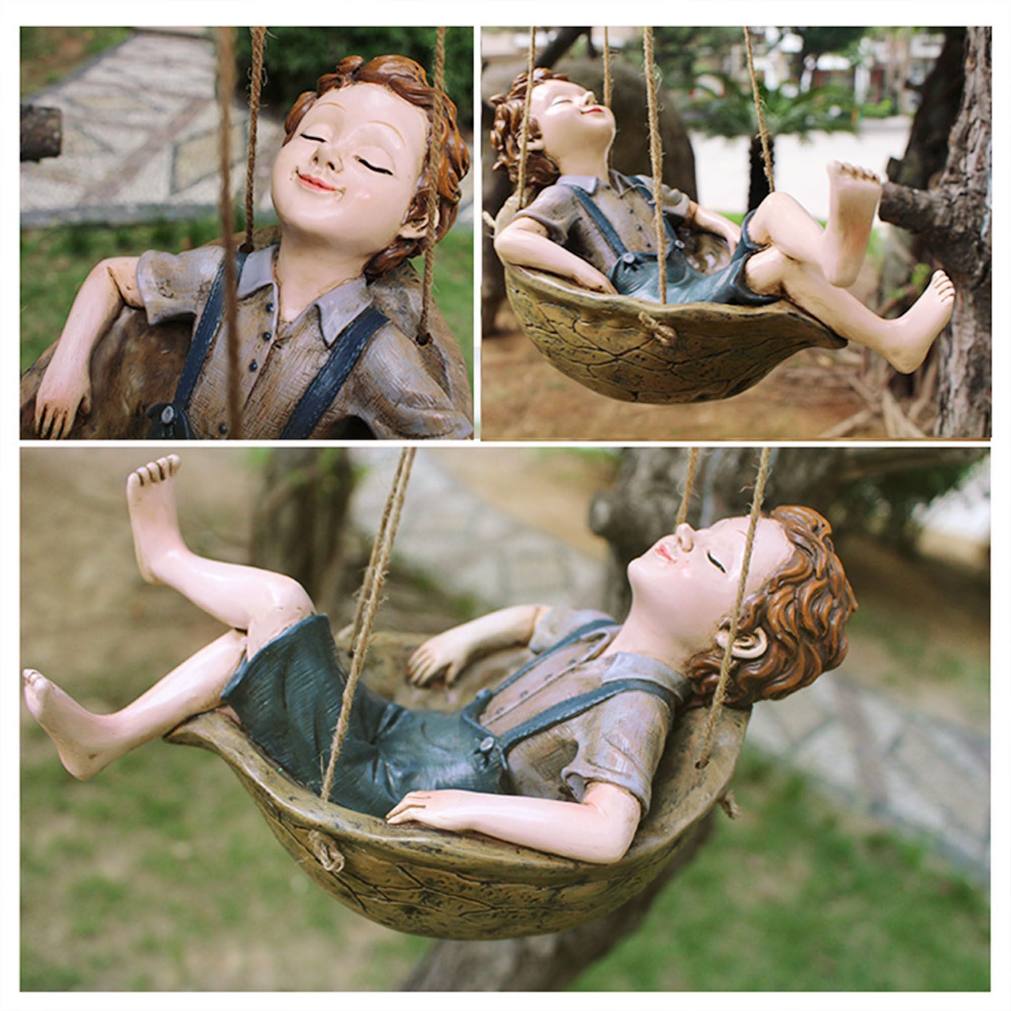 Hanging Garden Statue Décor, Resin Tree Ornaments Decorations, Sleepy Boy in Hammock, Whims Sculptures for Tree Branch Lawn Patio — image 3