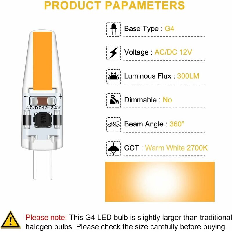 G4 LED 3W 12V Ac/Dc Light Bulbs, G4 3W LED Bulbs Equivalent To 30W Halogen Bulb, 300Lm, Warm White 2700K, Non-Dimmable โ image 2