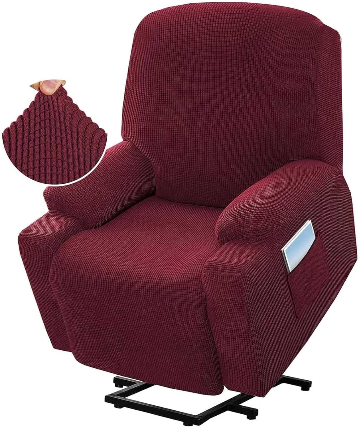 Power Lift Recliner Chair Cover, Stretch Jacquard Slipcover with Side Pocket, Wine Red