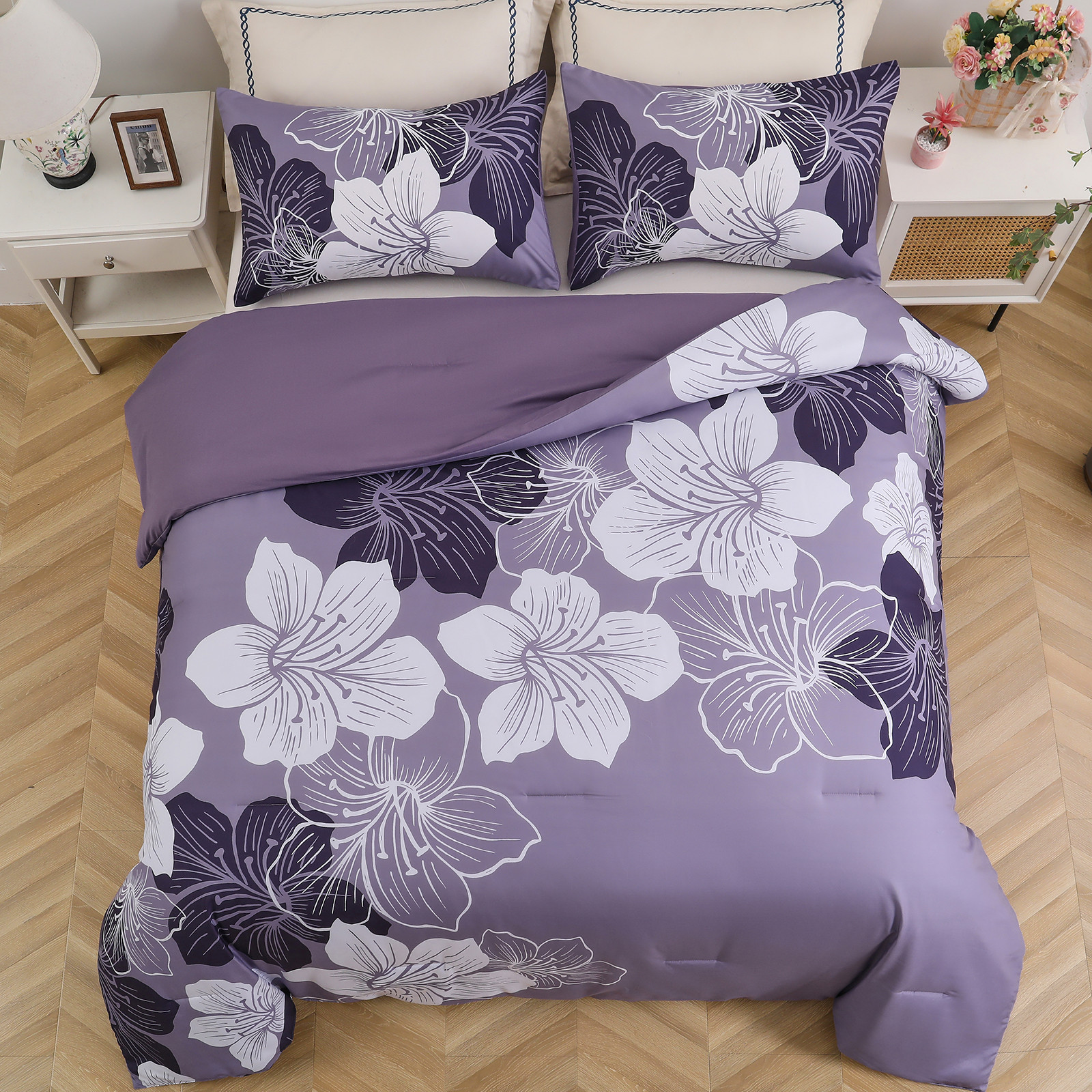 King Comforter Set, Dark Purple Floral 3-Piece Bedding, Soft Microfiber for All Seasons โ image 4