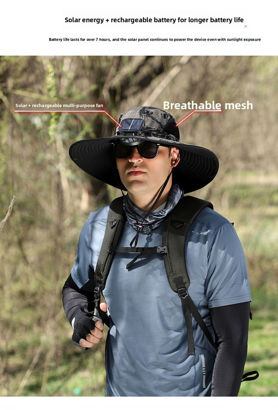Light Grey Dual Solar Fan Hat with Rechargeable Battery - Wide Brim UPF 50+ Sun Protection Bucket Hat for Fishing & Outdoor Work — image 3
