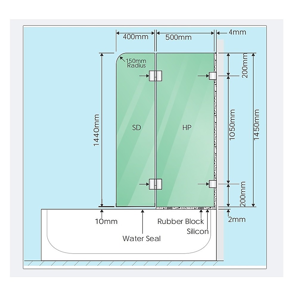 90cm Frameless Glass Bath Screen – Wall Channel with Stainless Steel Hinges in Gold Finish — image 3