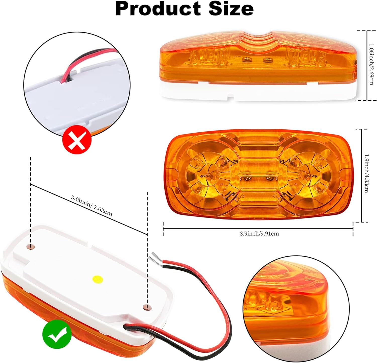 Light Indicator Double Bubble Rectangular 12V Surface Mount RV Camper Trucks Side Marker Light (5 pcs Amber) — image 2