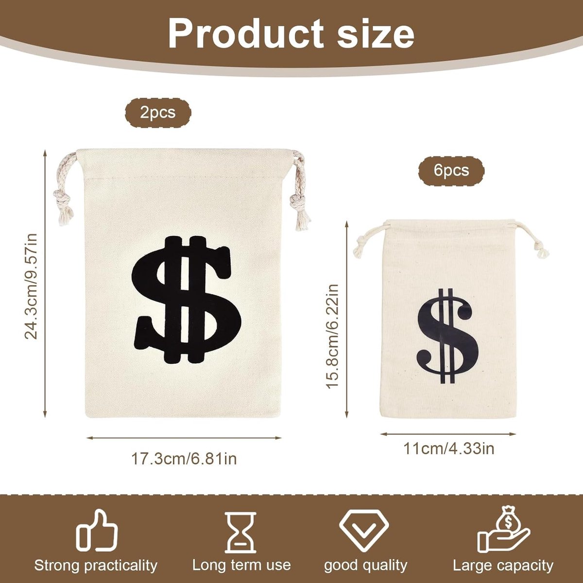 Pack of 8 Fabric Bags - Small Dollar Sign - Drawstring - Coin Pocket - Storage Accessories — image 2