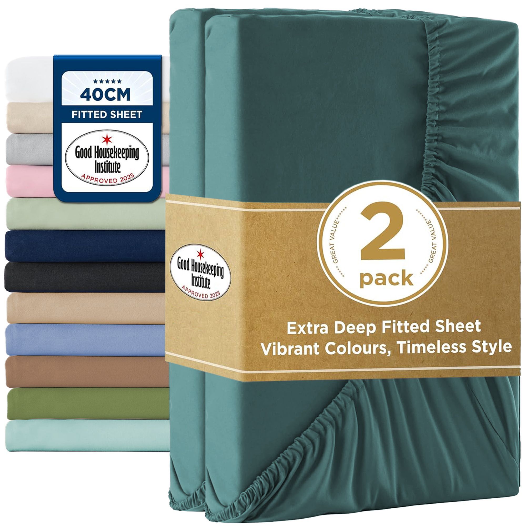2000TC Hotel Quality Fitted Sheets - 2 Piece Fitted Sheets -Breathable Bedding - Wrinkle, Fade, Stain Resistant- 16inch/40cm Deep Pocket Fitted Bed