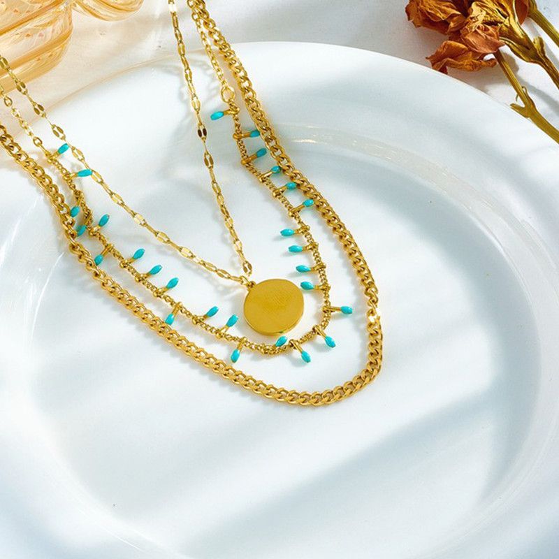 Bohemian-Style Three-Tier Turquoise Necklace with 18K Gold-Plated Titanium Collar Chain — image 4