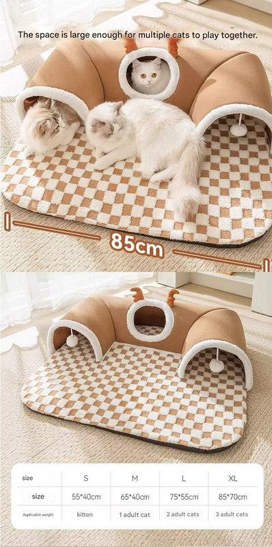 Brown S size Cat Tunnel Bed House 4-Season Universal Removable Washable U-Shaped Cat Cave with Multi-Entrance, Plush Hideaway Pet Nest with Detachable Mat for โ image 3