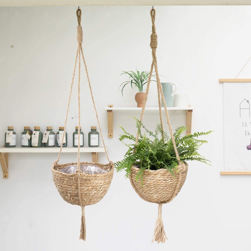 Natural Hanging Seagrass Plant Baskets Dural Layer Flower Planting Basket Holder Garden Decor — image 5