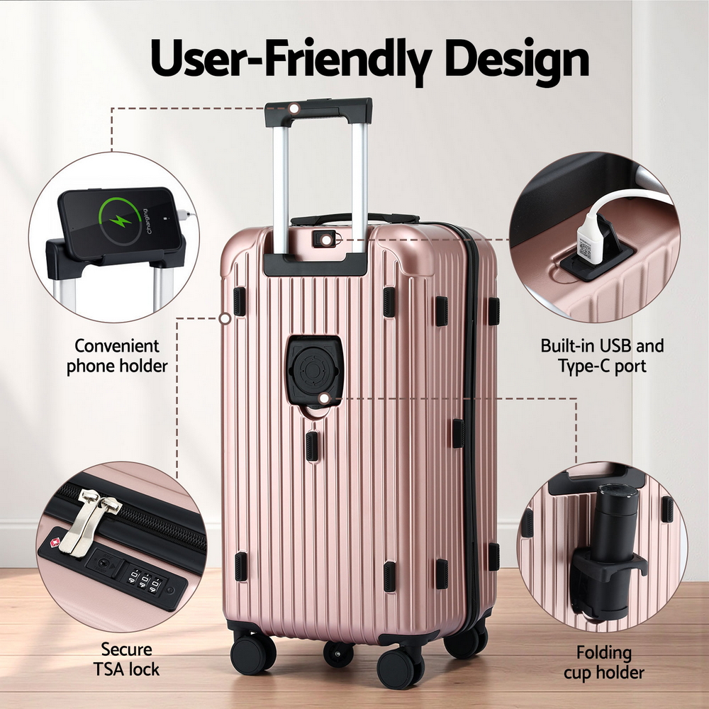 Wanderlite 28" Trunk Luggage Suitcase Travel 5 Wheels Type-C Port TSA Rose Gold — image 5