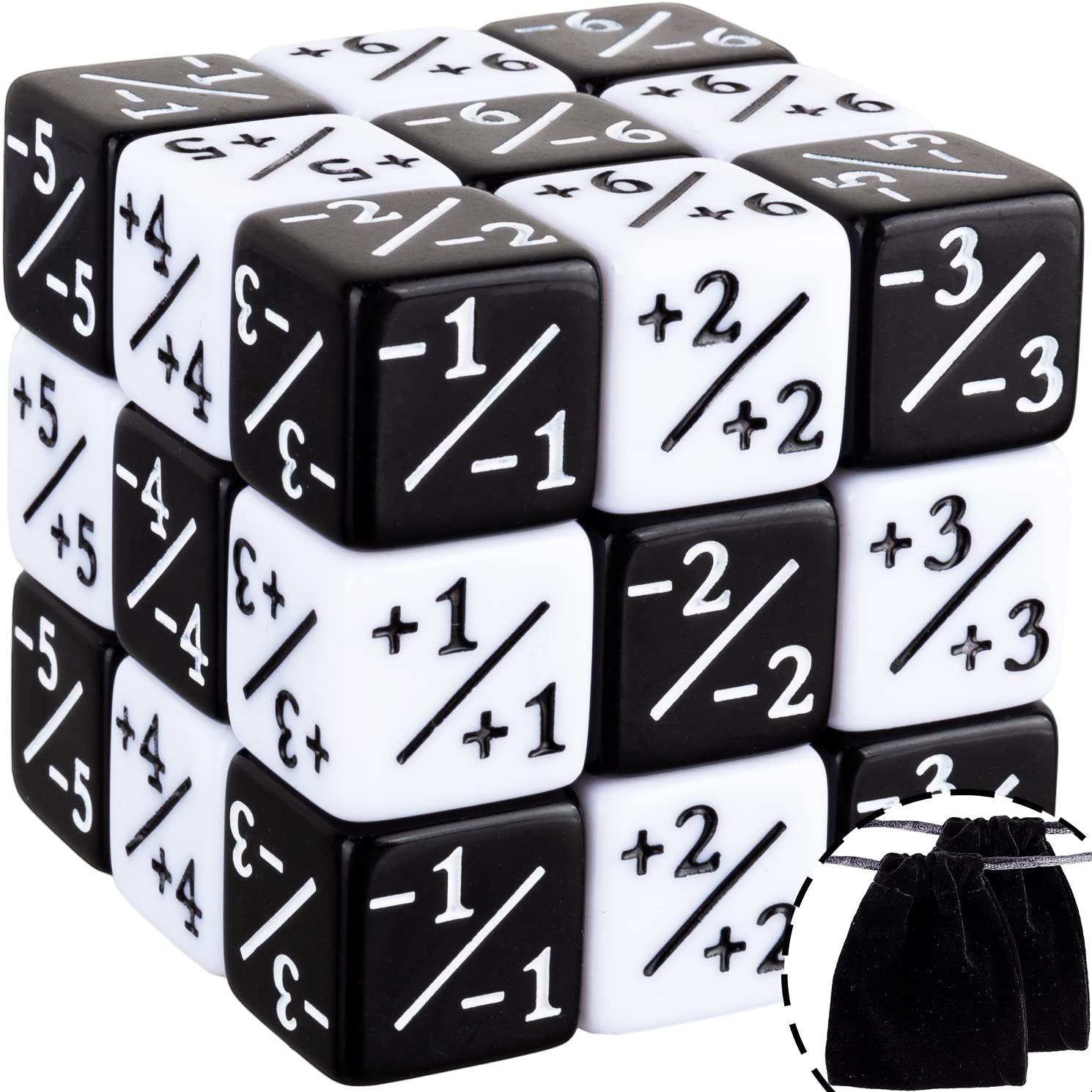 24 Pieces Dice Counters Token Buff Dice Set with Velvet Pouches D6 Cube Dice for Magic The Gathering Card Games (Black, White)