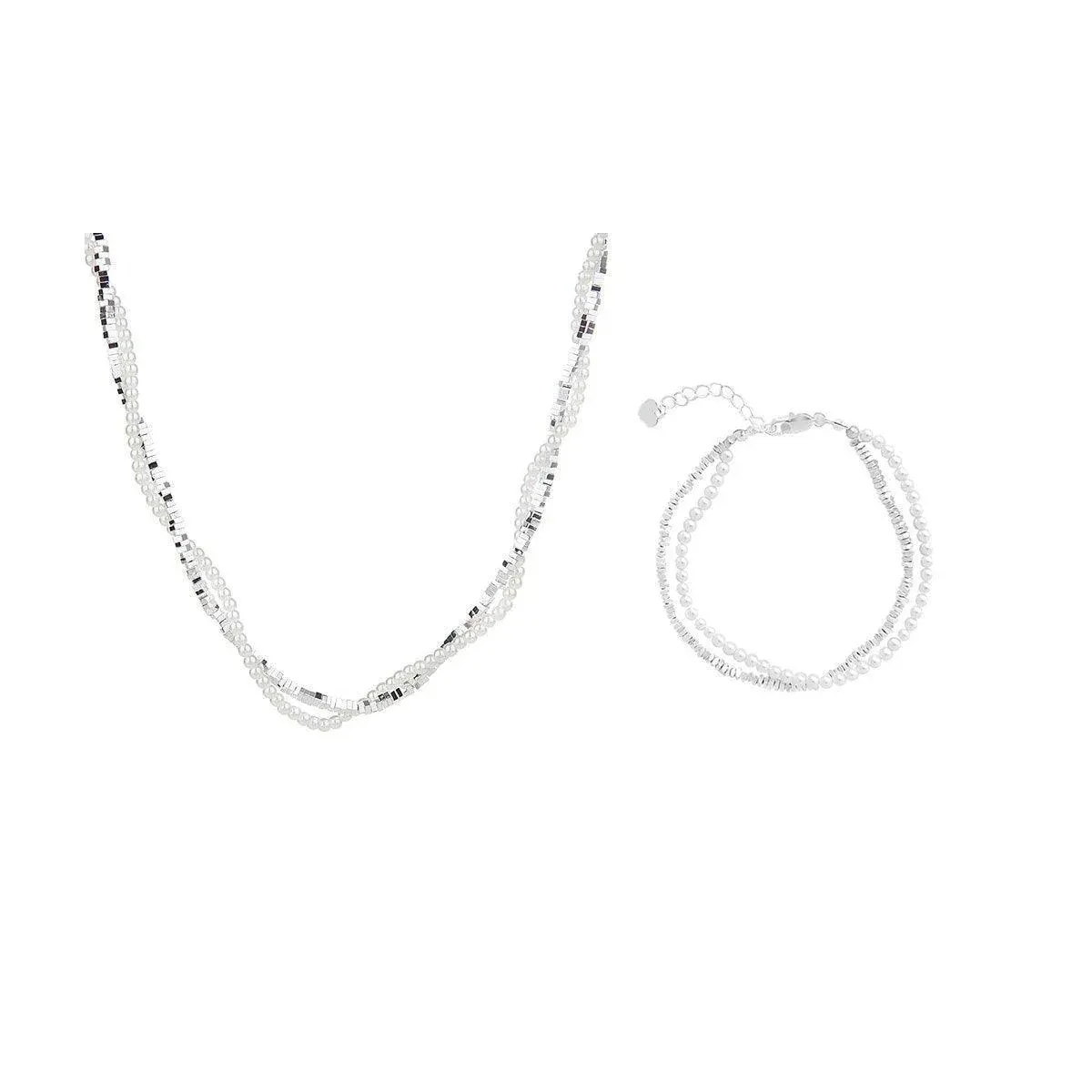 Double Layered Pearl Necklace Bracelet Set Silver Jewelry Women Fashion - Bracelet — image 3