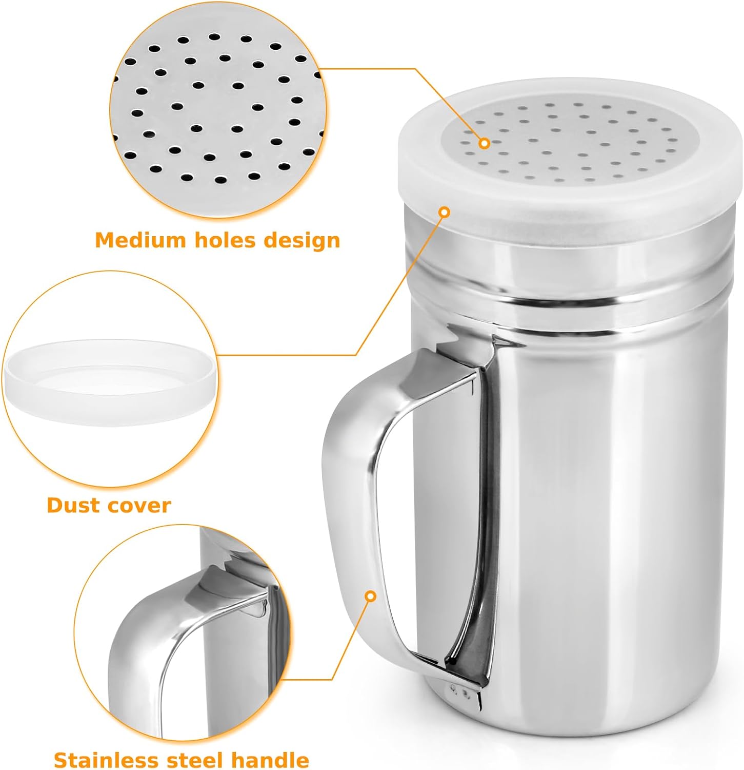 2pcs Stainless Steel Dredge, Salt Pepper Dredge Shakers with Handle, Seasonings Spice Shakers with Lid, 14 Ounce — image 3