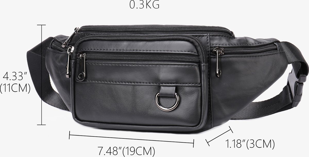 Belt bag - Phone bag - Crossbody - Pouch bag - Leather - Black - 19 x 11 x 3 cm - 6 compartments - Durable - Waterproof - for Travel, Outdoor, Hiking, Sports — image 3