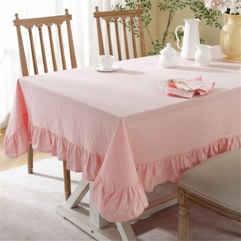 Solid Color Ruffled Tablecloth Cotton Rectangular Square Table Cover Decoration for Kitchen Dinning(pink) — image 4