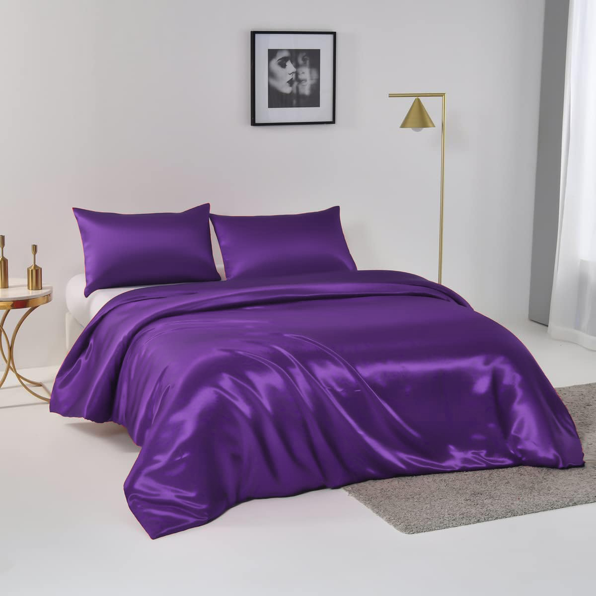 Satin Quilt cover Set Hotel 3 Pieces Quilt cover with Pillowcase, Art Silk Bedding Set-Luxury Soft Silky pillowcase for Hair and Skin, Similar to Silk — image 2