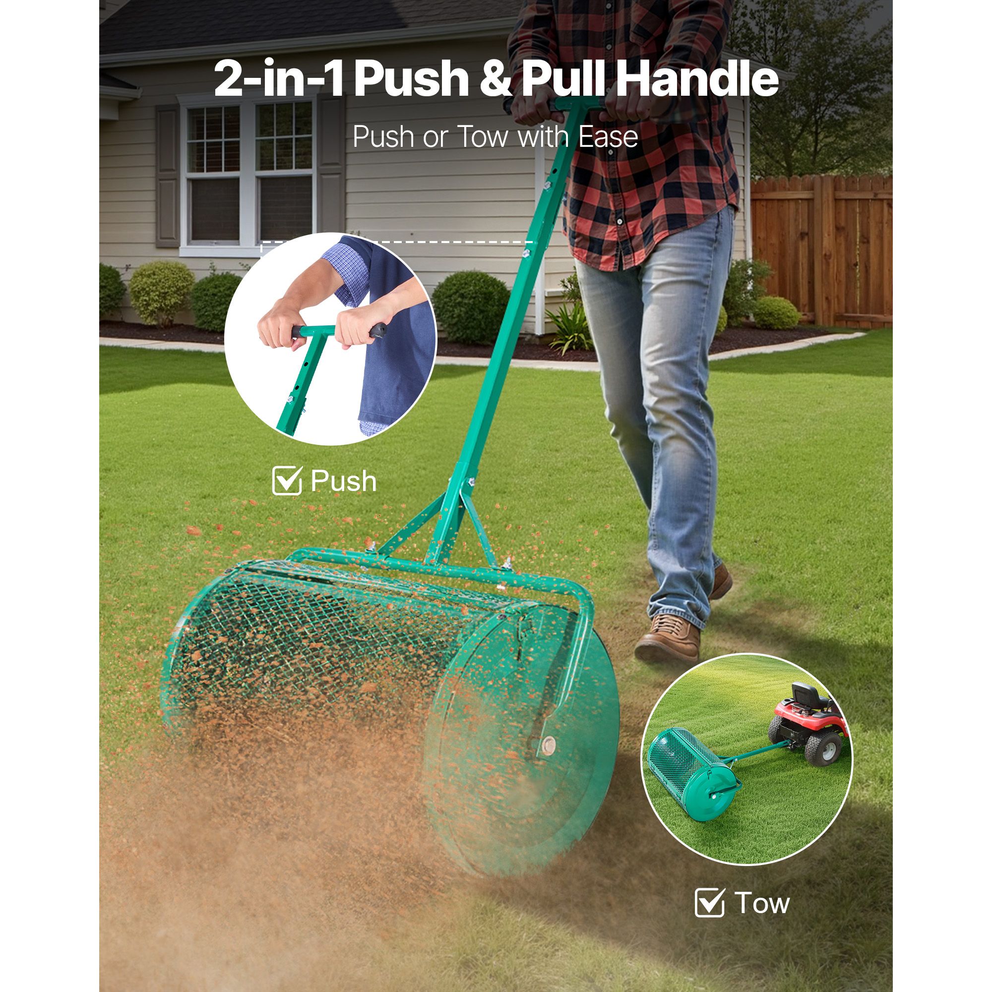 Compost Spreader, 24 in Wide Peat Moss Spreader with Push/Tow Handle, 4 Heights Adjustable, Powder-Coated Steel Garden Peat Moss Roller, Heavy Duty Grass Seed — image 2