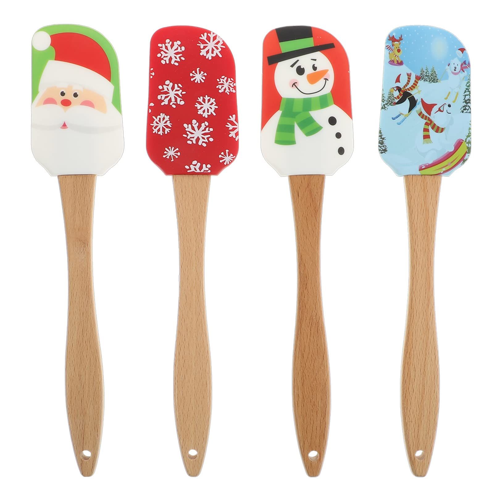 Christmas Spatulas for Baking, 4 Pieces Christmas Spatula Set Kitchen Christmas Silicone Spatula Set with Wooden Handle