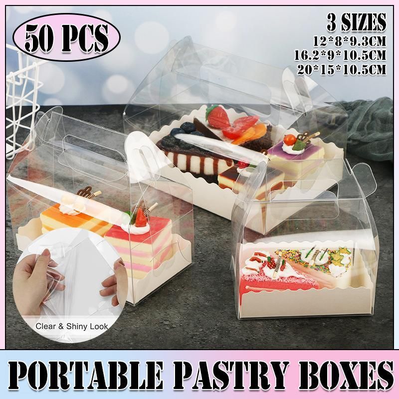 50PCS Portable Pastry Boxes Portable Cake Box Paper Cookie Boxes Sandwich Box - S-Transparent+White inner tray — image 2