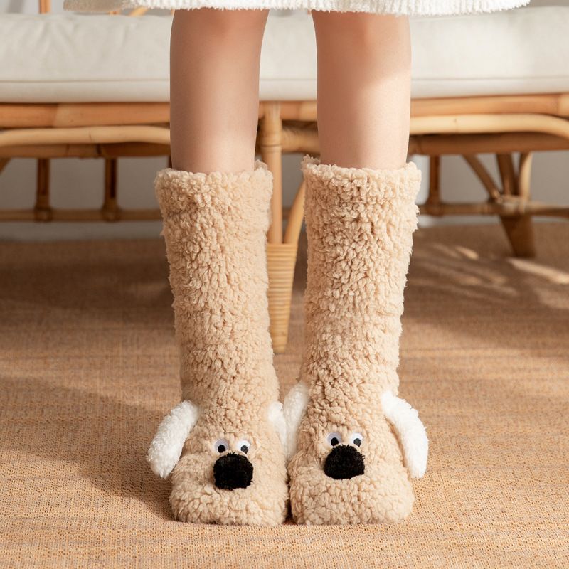 Cute Animal Plush Floor Socks - Light coffee Puppy Thickened Coral Fleece Non-Slip Indoor Winter Warm Sleep Socks with Non-Slip Dots, Comfortable for Home Use โ image 5