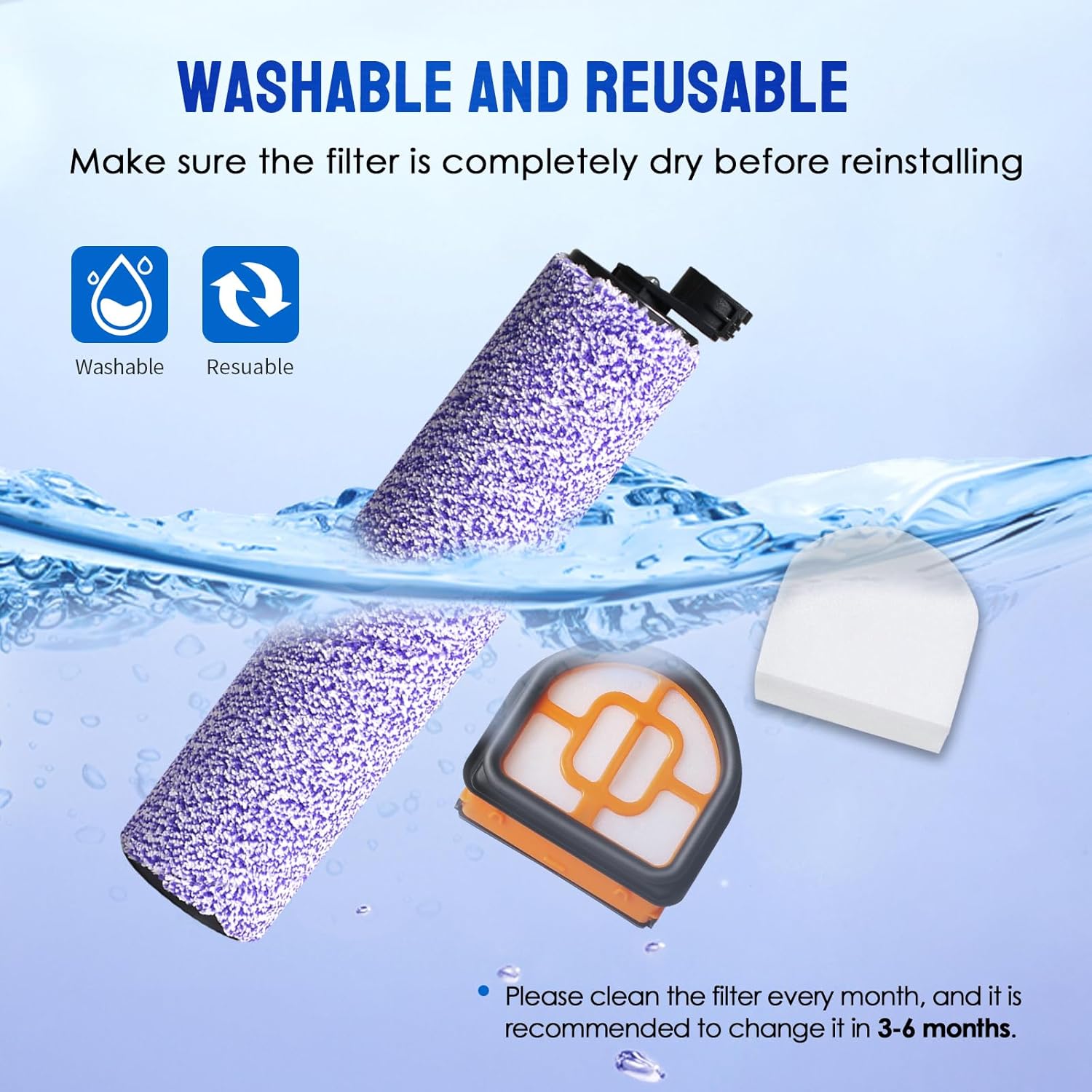 9 Pack Replacement Roller Brush and Foam Filters Kit Compatible with Shark WD101,AW302,WD201, WD161 WD261 AW261 Hydrovac XL 3-in-1 Vacuum Cleaner, Cordless Pro — image 6
