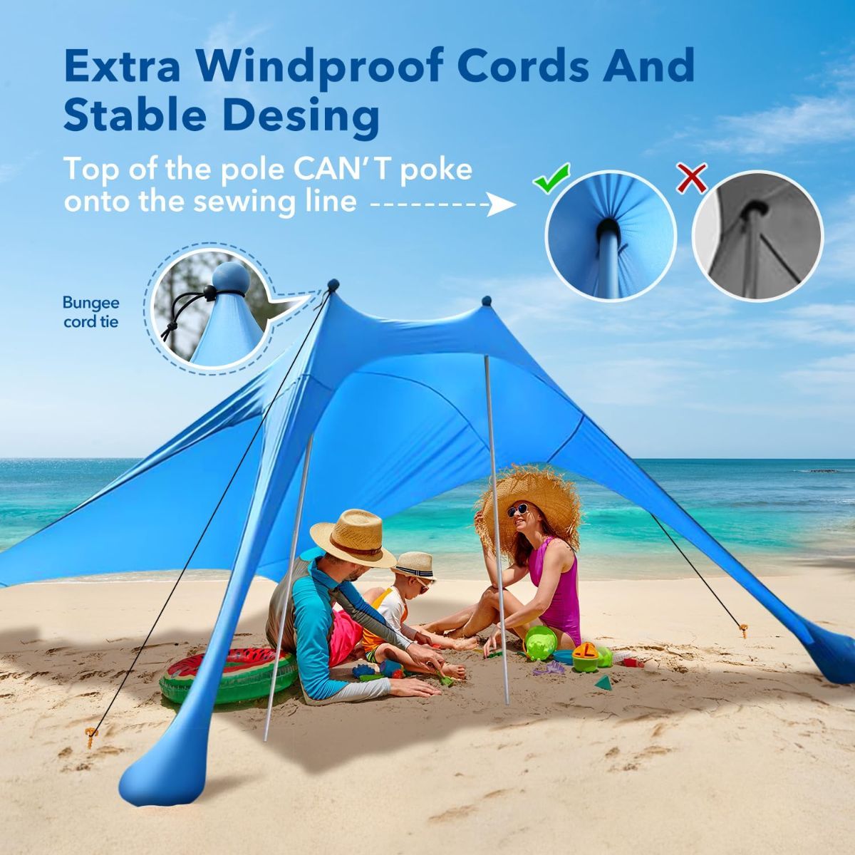 2 Poles Beach Tent Shade Canopy with UPF50+ Protection Sun Shelter Portable Camping Tents with Sandbags Poles and Ground Pegs and Anti-Wind Ropes — image 2